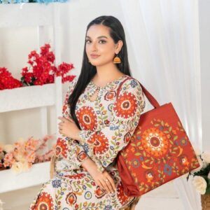 Tawakkal 2-Piece Ready to Wear Swiss Digital Printed With Hand Bag GLO Vol 2 D-1557 – White